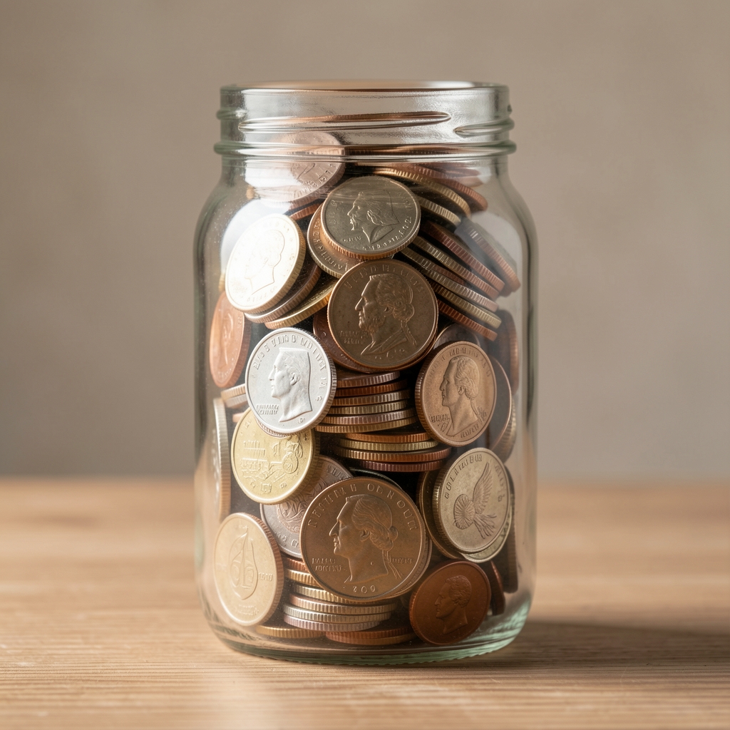Стеклянная банка с монетами и надписью Emergency Fund на деревянном столе, символизирующая создание личного резервного фонда